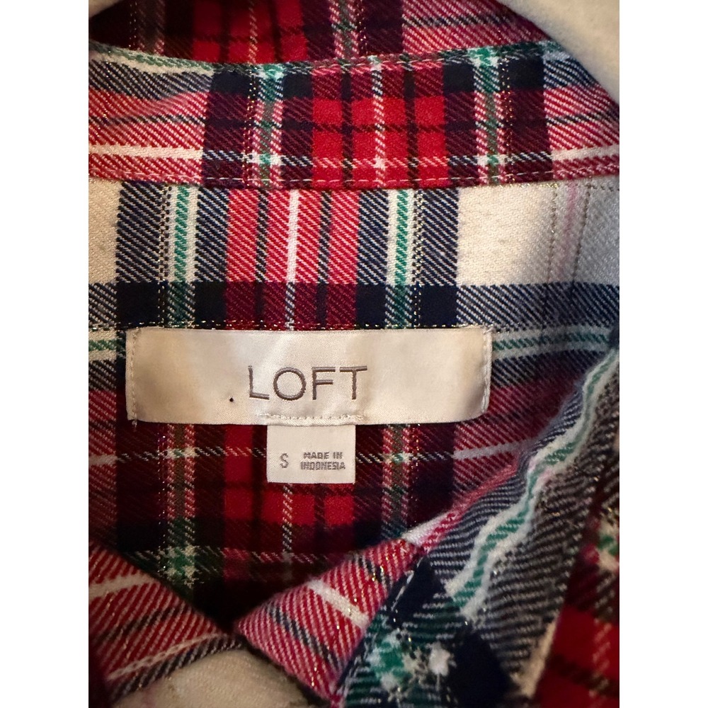 LOFT Red Navy White Metallic Plaid Flannel Button Down Shirt Small - Picture 2 of 6
